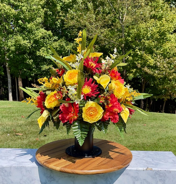 Yellow and Reddish Fall Cemetery Vase, Vase Arrangement, Memorial Cemetery Vase, Memorial Flowers, Spring Cemetery Vase, Sympathy Flowers