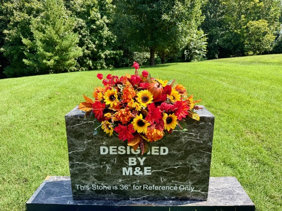 Fall Colors with Pumpkin Cemetery Saddle: Quality Silk Memorial Flowers