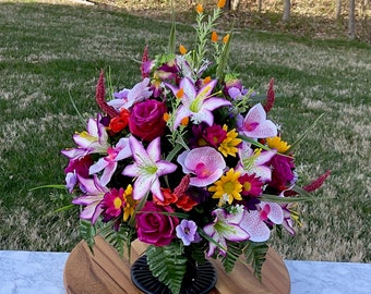 Fusia and Mixed Colors Cemetery Vase, Vase Arrangement, Memorial Cemetery Vase, Memorial Flowers, Spring Cemetery Vase, Sympathy Flowers