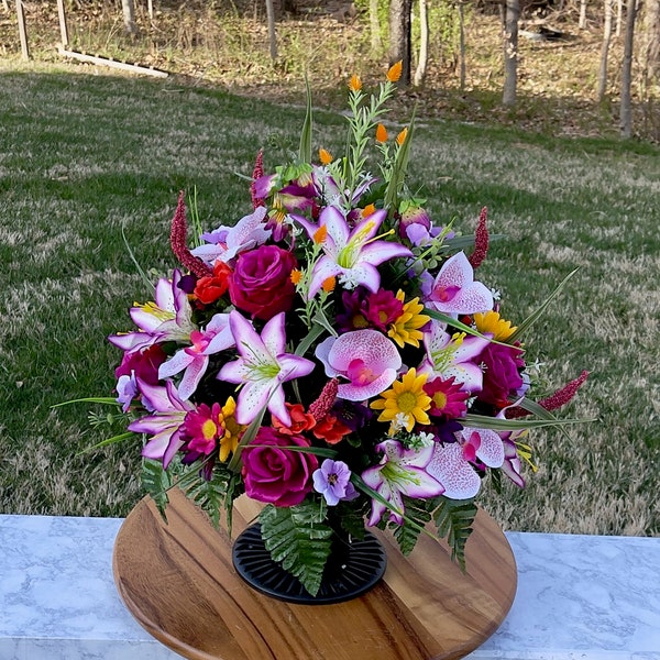 Fusia and Mixed Colors Cemetery Vase, Vase Arrangement, Memorial Cemetery Vase, Memorial Flowers, Spring Cemetery Vase, Sympathy Flowers