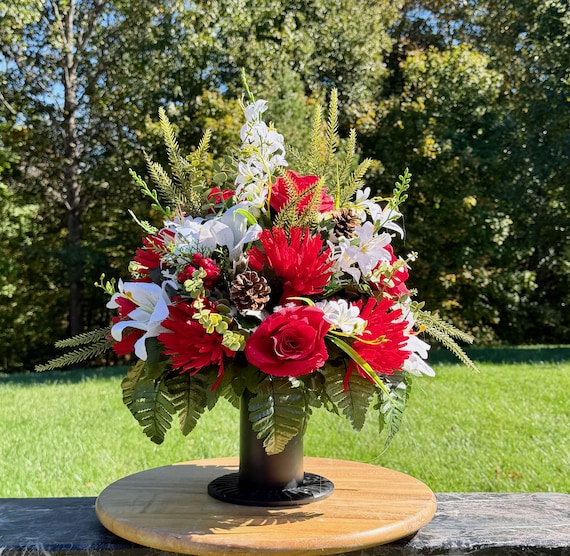 Red and White Christmas Cemetery Vase Arrangement: Memorial Flowers