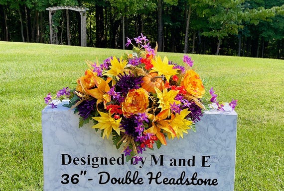 Fall Orange-Red-Purple Quality Silk Flowers, Cemetery Saddle, Cemetery Flowers, Headstone Saddle, Cemetery Arrangement, Memorial Day Flowers