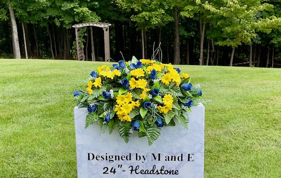 Blue Roses and Yellow Daisies 22"-24" Quality Silk Flowers Saddle, Cemetery Saddle, Cemetery Flower, Headstone Saddle Arrangement,