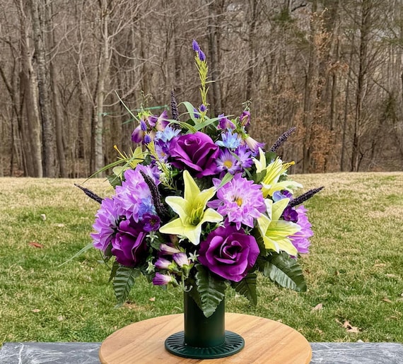 Violet and Greens Cemetery Vase Arrangement, Headstone Arrangement, Memorial Flowers