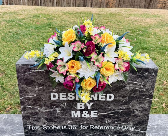 Cemetery Saddle Arrangement, White Yellow Blue Purple Flowers, Memorial Day Headstone Decoration