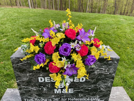 Yellow-Pink-Purple Cemetery Saddle, Flowers for the Cemetery, Memorial Day Saddle, Sympathy Flowers, Cemetery Flowers, Gravesite Flowers