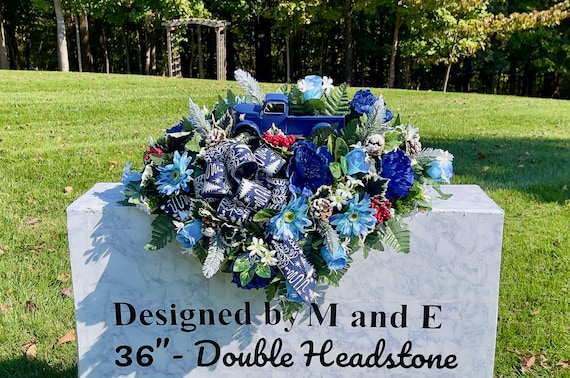 Blue Truck with Bow in Christmas Cemetery Saddle, Christmas Farm Truck, Christmas Cemetery Flowers, Christmas Arrangement, Memorial Flowers