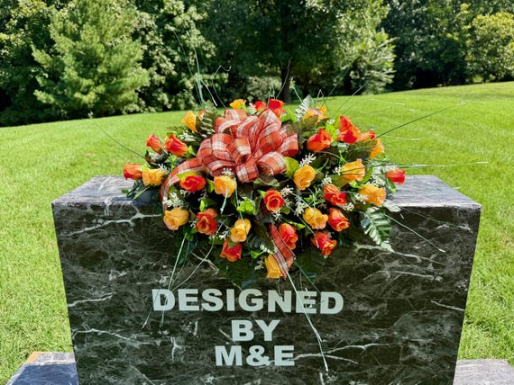 Fall Orange and Yellow Roses with a Bow 22"-24" Cemetery Saddle: Quality Silk Memorial Flowers