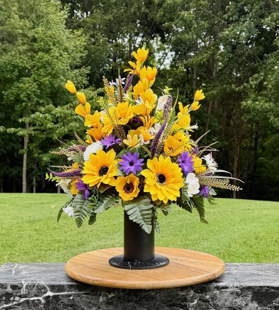 One-of-a-Kind cannot be duplicated Silk Flower Cemetery Vase - Memorial Headstone Arrangement - Grave Decoration