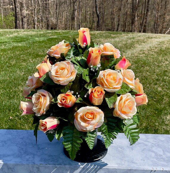 Orange with Pink Tip Roses Cemetery Vase, Vase, Memorial Cemetery Vase, Memorial Flowers, Memorial Day Cemetery Vase, Sympathy Flowers