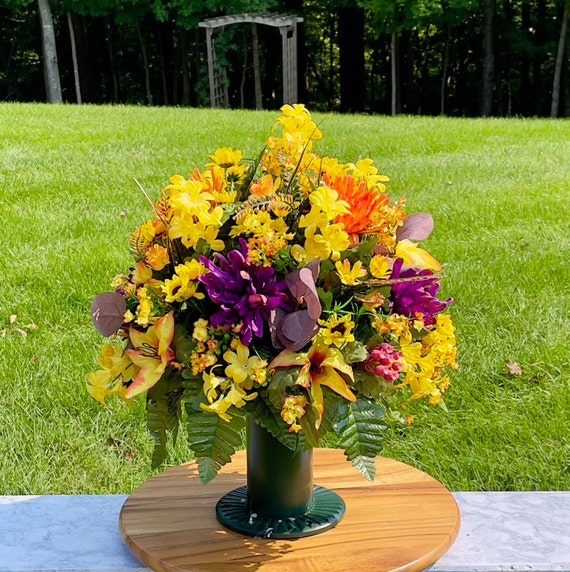 Purple-Yellow-Pink Fall Cemetery Vase, Vase Arrangement, Memorial Cemetery Vase, Memorial Flowers, Spring Cemetery Vase, Sympathy Flowers