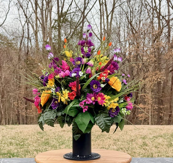 Wildflowers Purple, Yellow and Pink Cemetery Vase, Grave Decorations, Memorial Arrangement Flowers