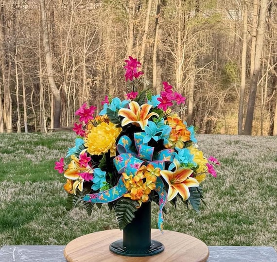 Bright Blue, Pink and Yellow with Bow Cemetery Vase Arrangement, Headstone Arrangement, Memorial Decorations