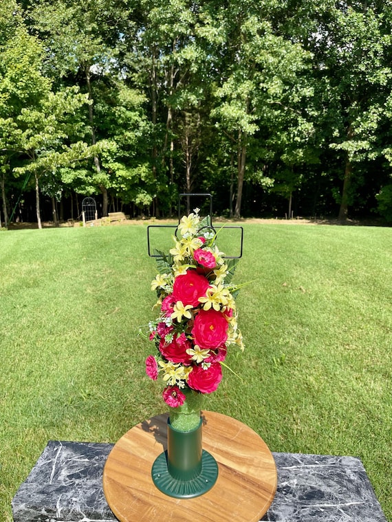 Silk Cemetery Cross Flower Arrangement: Bright Pink Memorial