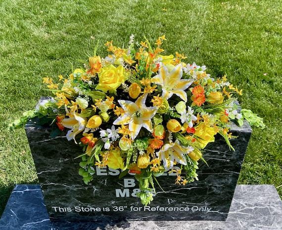Yellow-Green-Orange Cemetery Saddle, Flowers for the Cemetery, Memorial Day Saddle, Sympathy Flowers, Cemetery Flowers, Gravesite Flowers