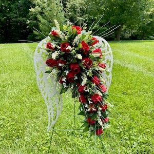 Beautiful Red Rose Quality Silk Flowers on White Angel Wings for Cemetery,  Cemetery Flowers, Cemetery Wreath, Gravesite Flowers