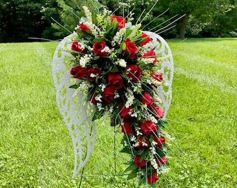 Red Rose Silk Flower Angel Wings Cemetery Memorial
