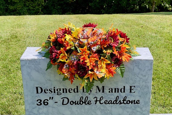 Fall Colors with Bow Saddle with Quality Silk Flowers, Cemetery Saddle, Cemetery Flowers, Headstone Saddle, Cemetery Arrangement,