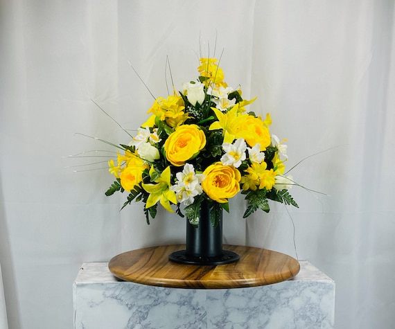 1 Yellow and White Cemetery Vase, Memorial Day Vase, Cemetery Vase, Cemetery Flowers, Gravesite Vase
