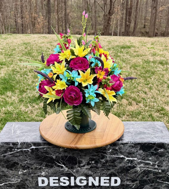 Teal Yellow Plum Silk Flower Cemetery Vase Arrangement