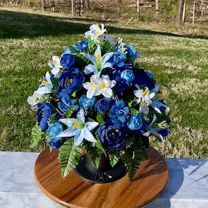 Bright Blue Cemetery Vase, Vase Arrangement, Memorial Cemetery Vase, Memorial Flowers, Spring Cemetery Vase, Sympathy Flowers