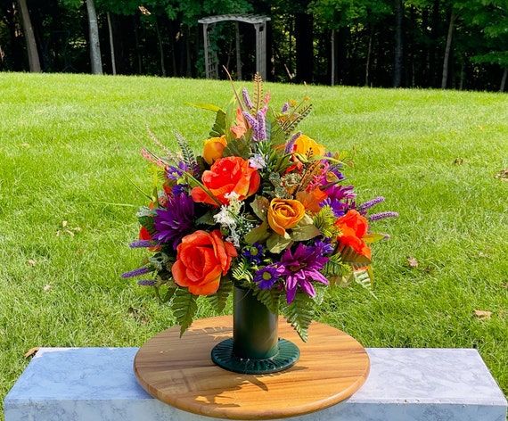 Purple-Yellow-Orange Fall Cemetery Vase, Vase Arrangement, Memorial Cemetery Vase, Memorial Flowers, Spring Cemetery Vase, Sympathy Flowers