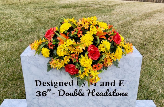 Orange and Yellows Quality Silk Flowers, Cemetery Saddle, Cemetery Flowers, Headstone Saddle, Cemetery Arrangement, Memorial Day Flower