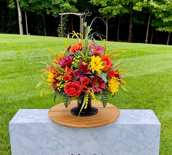 Orange-Burgundy-Yellow Cemetery Vase, Vase Arrangement, Memorial Cemetery Vase, Memorial Flowers, Spring Cemetery Vase, Sympathy Flowers
