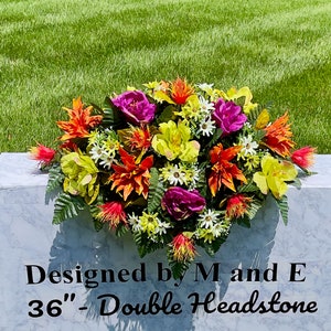 Purple and Orange Quality Silk Flowers, Cemetery Saddle, Cemetery Flowers, Headstone Saddle, Cemetery Arrangement, Memorial Day Flowers