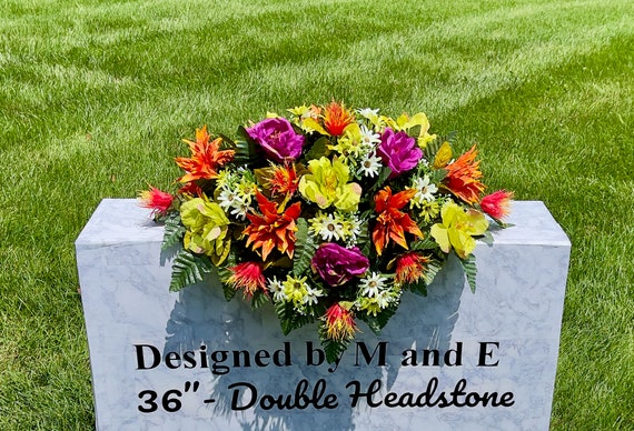 Purple and Orange Quality Silk Flowers, Cemetery Saddle, Cemetery Flowers, Headstone Saddle, Cemetery Arrangement, Memorial Day Flowers