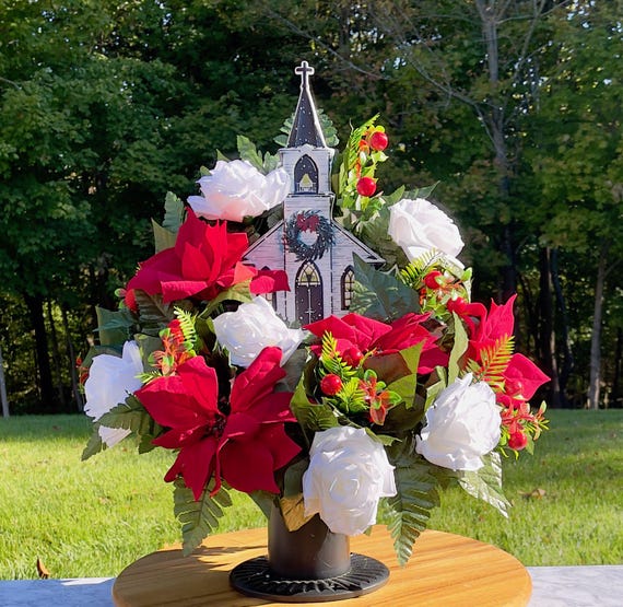 Christmas Cemetery Vase Arrangement, Metal Church, Red & White Flowers