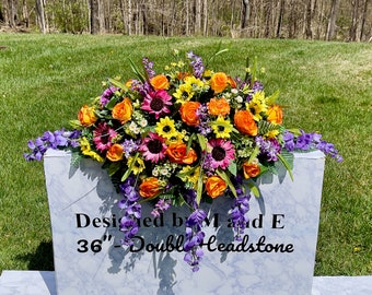 1 Orange-Yellow-Purple Quality Silk Flowers, Cemetery Saddle, Cemetery Flowers, Headstone Saddle, Cemetery Arrangement, Memorial Day Flowers