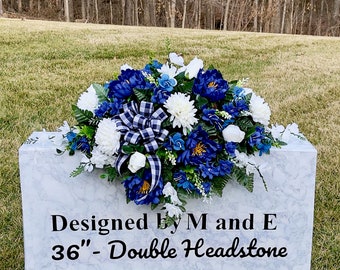 Blue and White with Bow Quality Silk Flowers, Cemetery Saddle, Cemetery Flowers, Headstone Saddle, Cemetery Arrangement, Memorial Day Flower