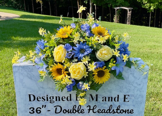 Yellows and Blues Quality Silk Flowers, Cemetery Saddle, Cemetery Flowers, Headstone Saddle, Cemetery Arrangement, Memorial Day Flowers