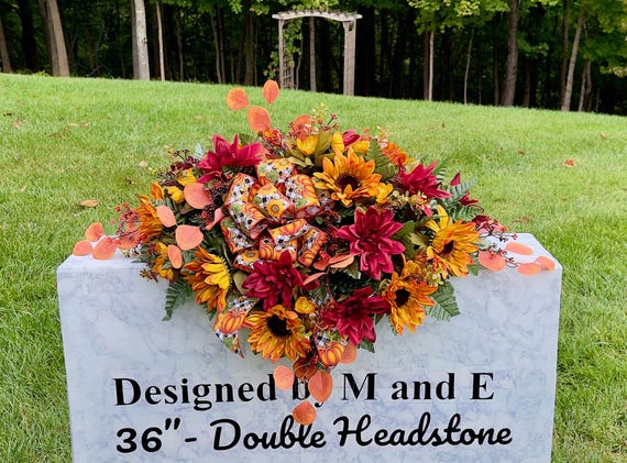 Fall Colors with Bow Cemetery Saddle, Flowers for the Cemetery, Memorial Day Saddle, Sympathy Flowers, Cemetery Flowers, Gravesite Flowers