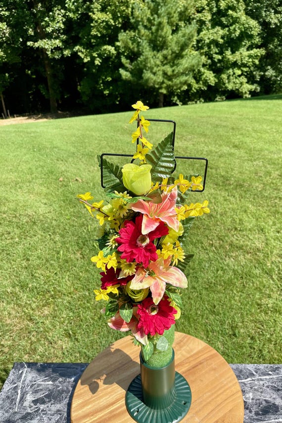 Silk Cemetery Cross Flower Arrangement: Bright Peach, Pink and Green Memorial