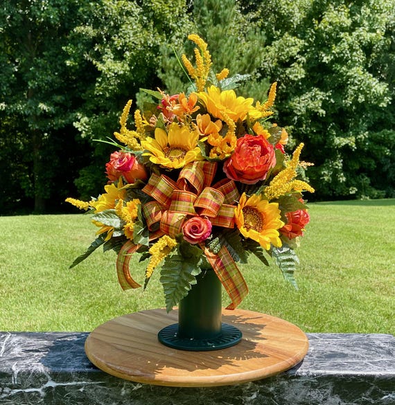 Beautiful Yellow-Orange with Bow Cemetery Vase, Vase Arrangement, Memorial Cemetery Vase, Memorial Flowers, Cemetery Vase, Sympathy Flowers