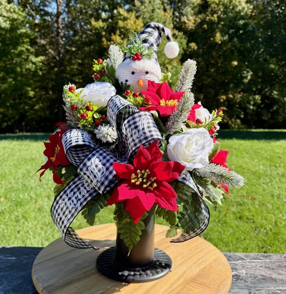 Snowman with Plaid Hat and Bow Christmas Cemetery Vase Arrangement: Memorial Flowers