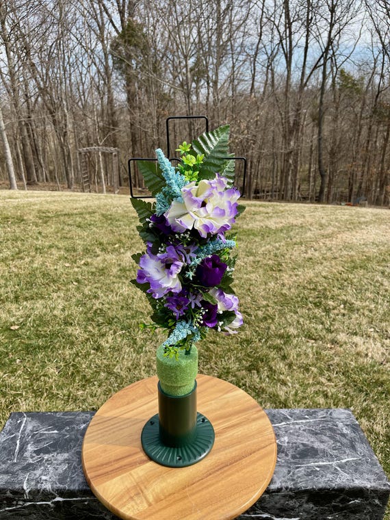 Purple Silk Flowers on Cross, Cemetery Cross with Heart, 22” Cross Flower Arrangement, Flowers for Cemetery, Memorial Flowers