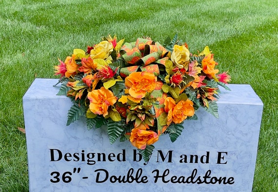 Pumpkin Bow with Orange Quality Silk Flowers, Cemetery Saddle, Cemetery Flower, Headstone Saddle, Cemetery Arrangement, Memorial Day Flowers