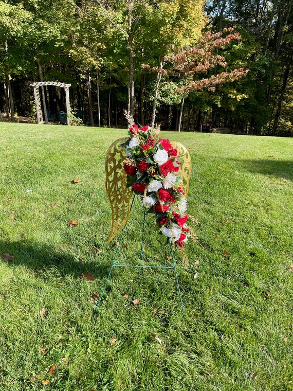 Golden Angel Wings Cemetery Memorial: Red & White Silk Flowers