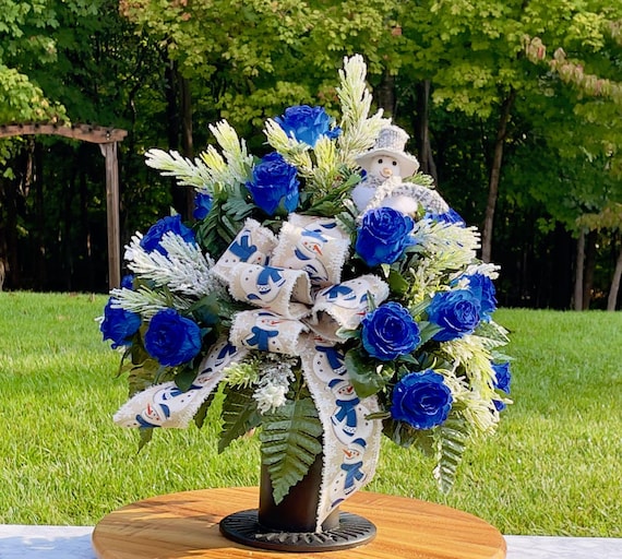 Blue Roses Snowman Christmas Cemetery Vase, Winter Memorial Flowers