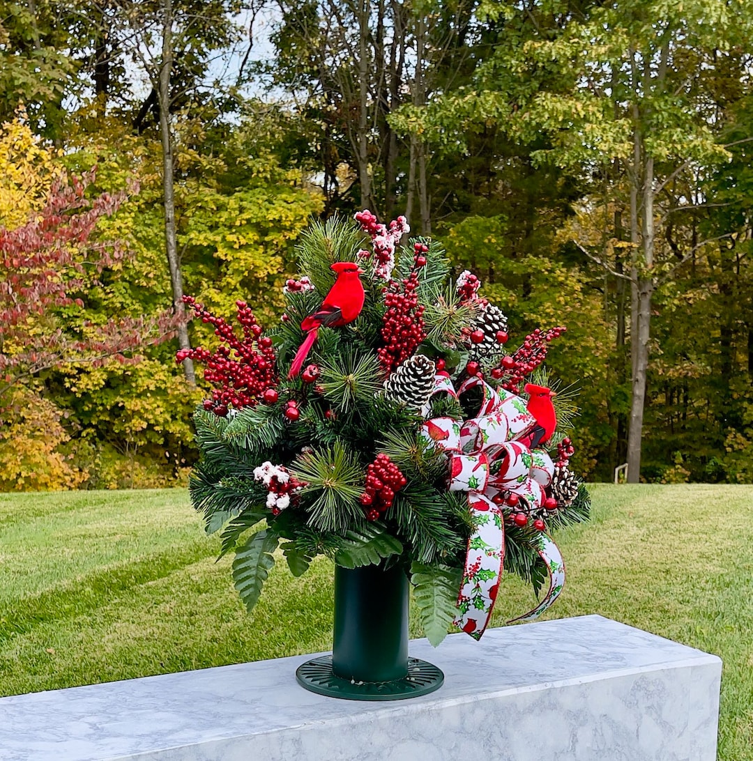 Cardinals With Bow Christmas Cemetery Vase, Vase Arrangement, Memorial Cemetery Vase, Cemetery
