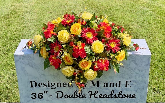 Yellow-Orange-Red Colors Saddle with Quality Silk Flowers, Cemetery Saddle, Cemetery Flowers, Headstone Saddle, Cemetery Arrangement,