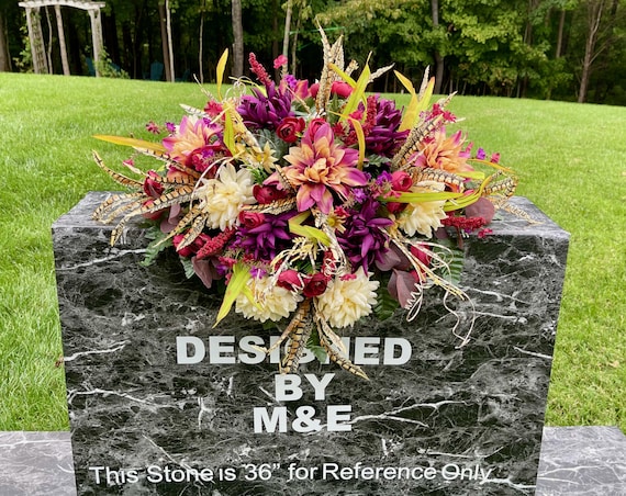 Purple Cream Silk Flower Cemetery Saddle: Headstone Memorial Arrangement