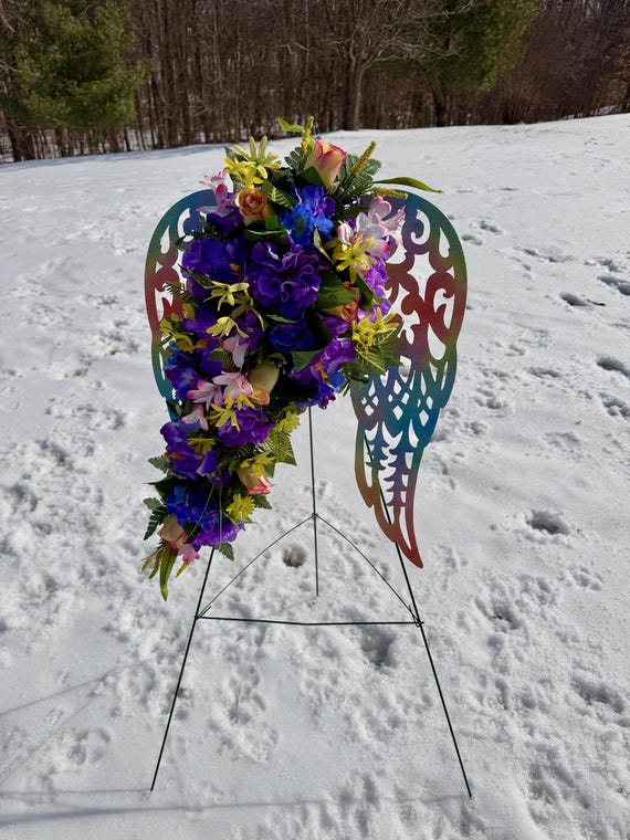 Multi-Color Angel Wings Cemetery Arrangement, Memorial Flowers, Headstone Decorations,