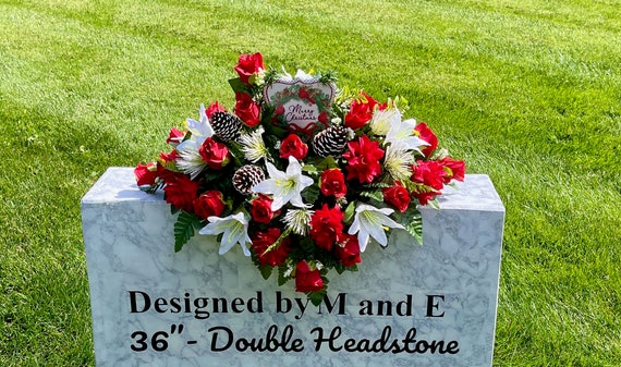 Christmas Cemetery Saddle, Red & White Silk Flowers, Headstone Arrangement