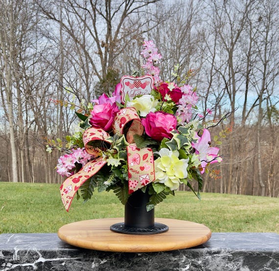 Happy Valentines Day with Pink Flowers and Bow - Valentine Cemetery Vase, Vase Piece, Headstone Vase Piece