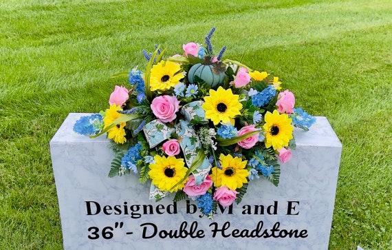 Pink-Blue-Yellow Quality Silk Flowers, Cemetery Saddle, Cemetery Flowers, Headstone Saddle, Cemetery Arrangement, Memorial Day Flowers
