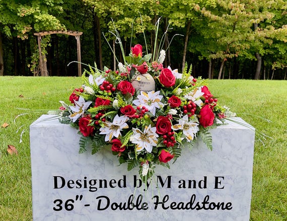 Memories Last Forever with Redbird Christmas Cemetery Saddle Christmas, Christmas Cemetery Flowers, Christmas Arrangement, Memorial Flowers